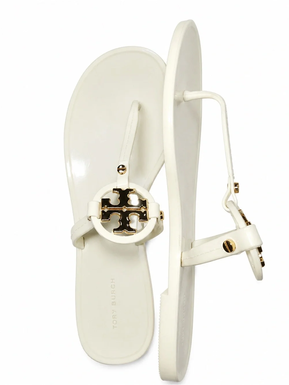 Tory Burch Ivory Miller Jelly Logo Slingback Sandals with Gold Emblem